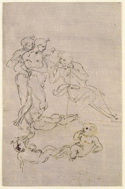 Figurenstudie für die Anbetung der Könige (Joseph und zwei Hirten und Skizzen für das Christkind), ca. 1481 von Leonardo da Vinci
